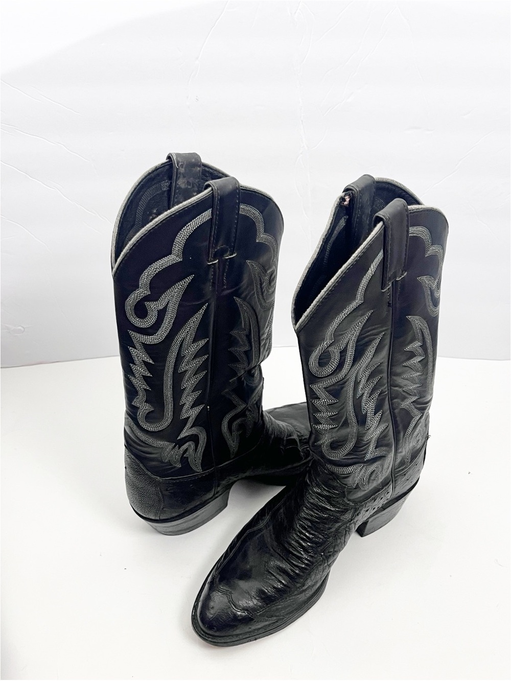 JUSTIN USA Black Smooth Ostrich Leather Roper Style Round Toe Pull On Boots 7